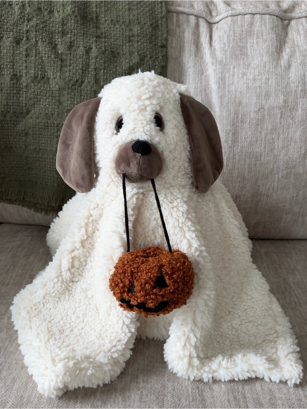 Pottery Barn Doug The Dog Ghost Pillow w/ Pumpkin New